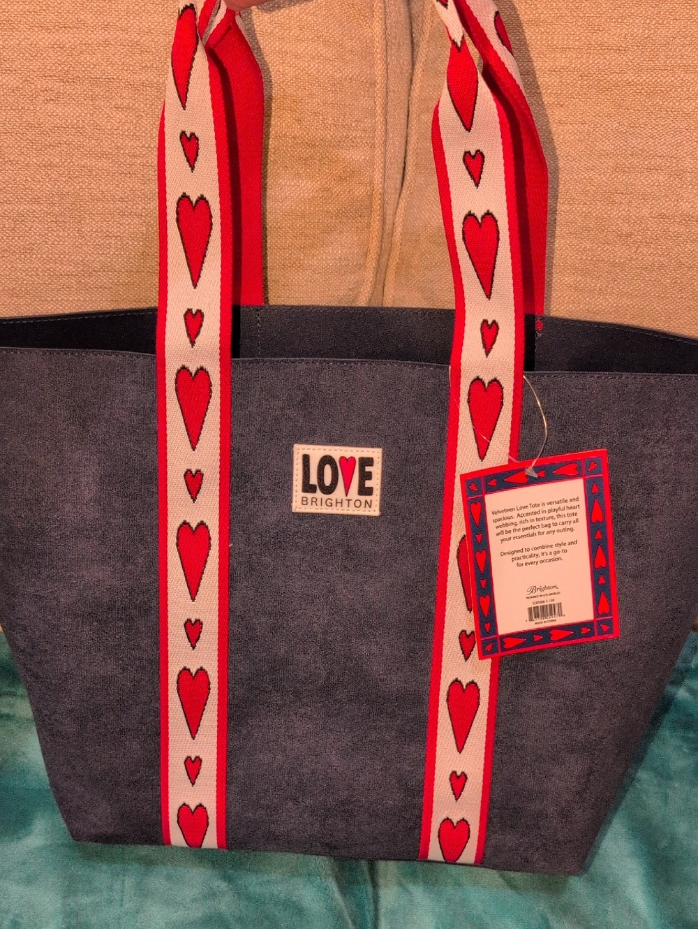 Brighton Navy Tote with Red and White Heart-Strap Accents